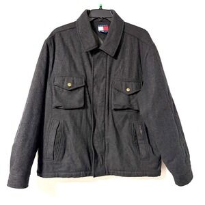 Tommy Hilfiger Men's Charcoal Wool Blend Trucker‎ Jacket Utility Size XL Vintage